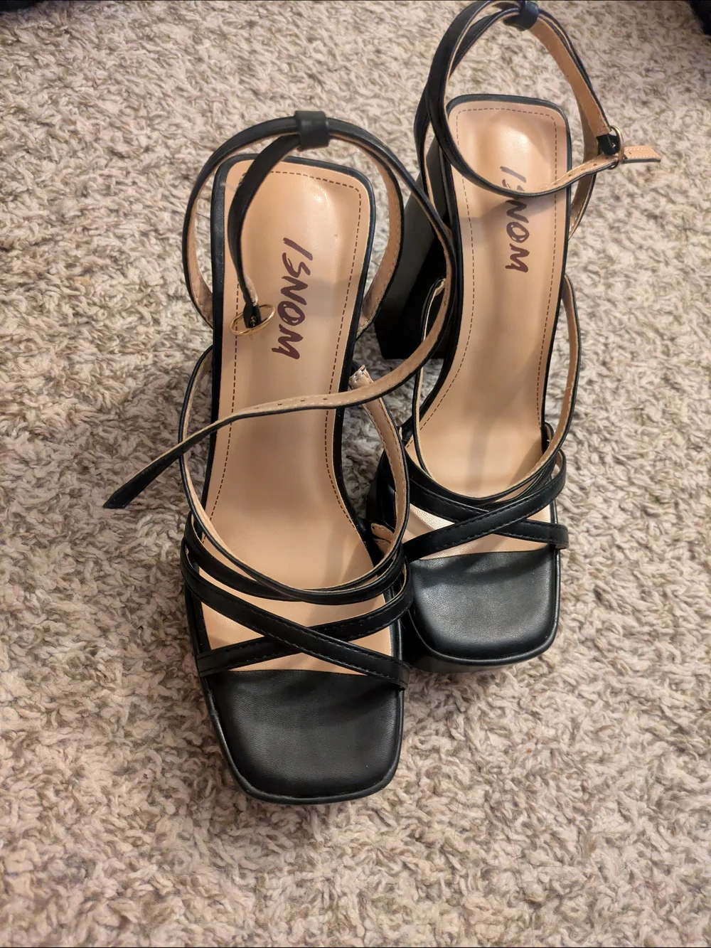 Isnom Chunky Strappy Platform Block Heels